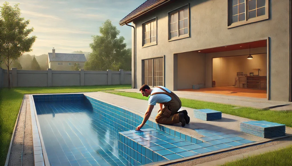 Man installing tiles on a fibreglass pool, carefully finishing the pool's surface for a polished look.