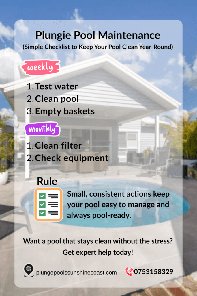 Plungie pool maintenance infographic showing weekly and monthly checklist including testing water, cleaning pool, emptying baskets, cleaning filter, and checking equipment for easy pool care